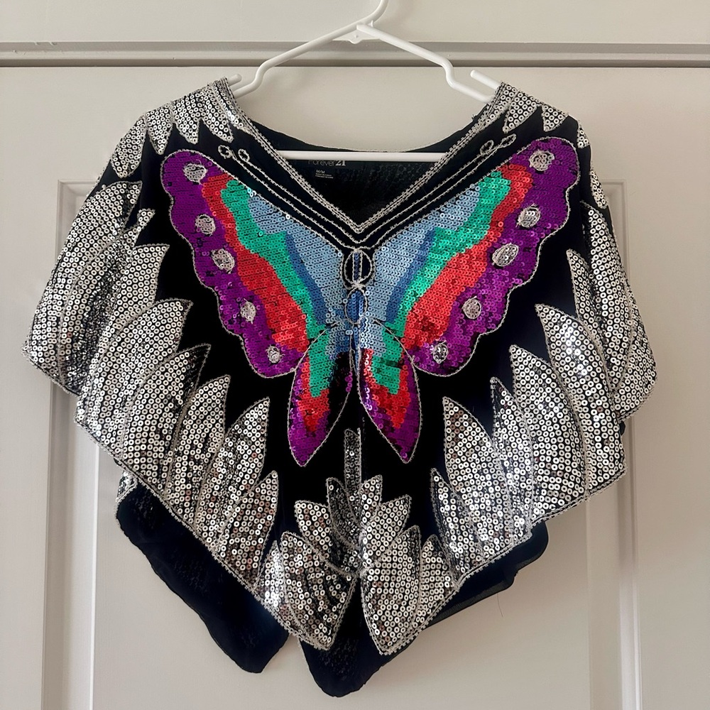 Forever 21 Black multicolor Sequin Butterfly Top